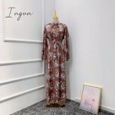 Ingvn - New Morocco Long Dress Muslim Women Flowers Printed Silky Long Abayas Robes Fancy Maxi Dress French Stylish Islamic Dress Belt