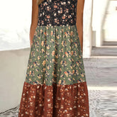 Fashionable Color Block Floral Print Tank Dress - Stylish Crew Neck, Flouncy Tiered Ruffles, Sleeveless - Versatile Casual Womens Summer Wear