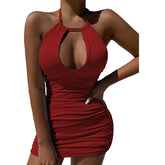 Y2K Summer new lace up Halter backless dress European and American sexy hollow pleated Hip Wrap Skirt
