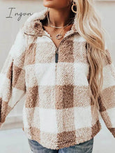Ingvn - Women's Sweatshirt Pullover Fuzzy Teddy Quarter Zip Red Khaki Plaid Casual V Neck Long Sleeve Fleece Top Micro-elastic Fall & Winter