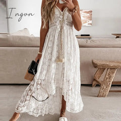 Ingvn - Women Fashion Trends Off Shoulder Lace Patchwork Elegant Dress Women Summer V Neck Spaghetti Strap Dress Female New Fashion Solid Party Dresses