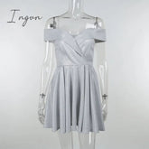 Ingvn - Summer Outfits Women Bling Glitter Women Off Shoulder A Line Mini Dress Pleated Party Elegant Festival Evening Autumn Winter Clothes