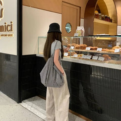 Ingvn Women Canvas Shoulder Bags Plaid Large Capacity Handbags Female Shopping Portable Lazy All-match Foldable Tote Bag