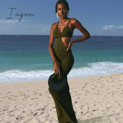 Ingvn - Spaghetti Strap Sexy Backless Maxi Dresses See Through Sexy Women Dresses Party Club Elegant Hollow Dress Sundress