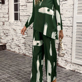 Plus Size Casual Outfits Two Piece Set, Women's Plus Brush Print Long Sleeve Round Neck Top & Wide Leg Pants Outfits 2 Piece Set