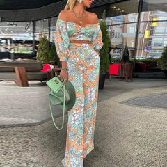 Ingvn - Women Fashion Two Piece Sets Print Suits Summer Beach Streetwear Autumn 2 Piece SetsTops +Elegant Long Pants