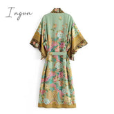 Ingvn - women peacock floral print bat sleeve beach Bohemian Kimono robe Ladies V neck Tassel Summer happie dress vestidos