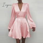 Ingvn - Trends high quality Spring New Women Sexy V Neck Letters Print Fashion Short Dresses Casual Satin Slim Lantern Sleeves Zipper Elegant Party Vestidos