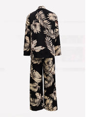 Two-piece Set, Leopard Print Button Front Long Sleeve Shirt & Wide Leg Pants Outfits, Women's Casual Clothing
