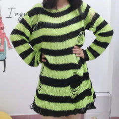 Ingvn - Halloween 200 Gothic Knitted Sweater Women Long Pullovers Striped Loose Winter Ripped Plus Size Sweaters Jumpers Mujer Jersey