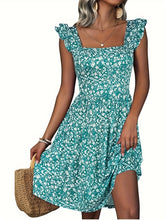 Floral Print Square Neck Patched Pockets Dress, Elegant Ruffle Sleeves Cinched Waist Dress For Spring & Summer, Women's Clothing