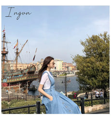 Ingvn - New Denim Dress Women Fashion Solid V Neck Sleeveless Backless With Button Pocket Mid Calf Cotton Strap Dress Office Lady