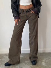 Women Jeans Low Waist Solid Color Wide Leg Straight Trousers with Pockets for Daily Streetwear Fashion Denim Pants