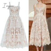 Ingvn - Boho Woman Dresses 2023 Summer Embroidery Runway Backless Sexy Party Dress Beach Sleeveless Spaghetti Strap Sundress Women Lace