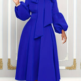 Solid Color Tie Neck Aline Dress, Elegant Ruffle Trim Lantern Sleeve Dress For Spring & Fall, Women's Clothing