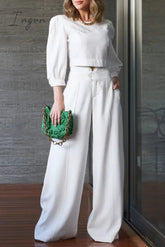 Ingvn - Elegant Solid Pocket O Neck Long Sleeve Two Pieces