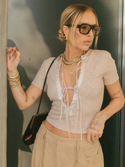 Ingvn Fashion Short Sleeve Bandage T-shirt Woman Clothes O-neck Lace-up Slim Crop Top Streetwear Female Coffee Contrast Color Tee