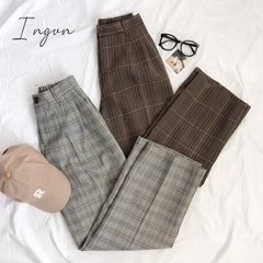 Ingvn - Spring Women Pants Plaid High Waist Dropping Feeling High Waist Wide Leg Long Suit Pants
