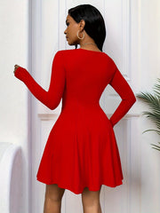 Solid Color A-line Long Sleeve Dress, Elegant Square Neck Dress For Spring & Fall, Women's Clothing
