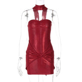 Halter Strapless Ruched Sexy Mini Dress For Women Robe Fashion Solid Off-shoulder Backless Sleeveless Club Dress New