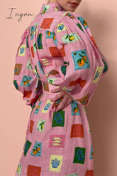 Ingvn - Sweet Elegant Print With Belt Mandarin Collar Printed Dress Dresses