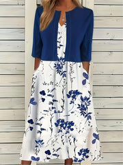 Spring/Summer Chic: Floral Print Two-Piece with V-Neck Crop Top & Comfortable Knit Dress Set, Elegant & Easy Care