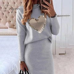 Ingvn - Casual Women 2-piece Suit Autumn Winter Half High Neck Fashion Top+ Pencil Skirt Outfit Elegant Office Ladies Set Clothes