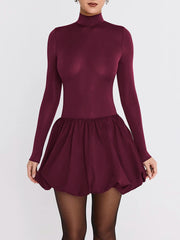 Turtleneck Long Sleeve Sexy Mini Dress For Women Robe Fashion Burgundy Patchwork High Waist A-line Club Pleated Dress