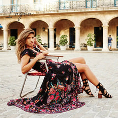 Ingvn - 2023 New Women Summer Boho Beach Maxi Dress Sexy V Neck Vintage Print Long Dresses Casual Sundress Dress