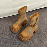 Ingvn Vintage Winter Women Motorcycle Boots Fashion Platform Thick Heel Short Booties Belt Buckle Casual Ladies Shoes