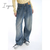 Ingvn - Women Blue Jeans Contrasting Colors High Waist American Street Wide Leg Pants Fashion Baggy Vintage Straight Autumn New Trousers