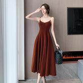 Elegant Party Sleeveless Velvet Midi Dresses for Women Autumn New Vintage Fashions A-line Slim Green Casual Female Clothing