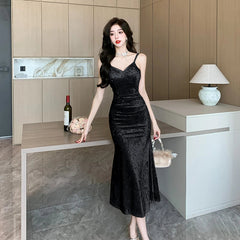Elegant Gown Evening Party Velvet Midi Dresses for Women Autumn New Sexy V-neck Sleeveless Vintage Slip Mermaid Female Clothing