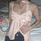 Kawaii Bandage Lace Pink Camisole Women Sexy Sweet Patchwork Satin Crop Tops with Slit Summer y2k Vintage Tank Tops Cute