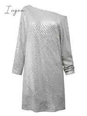 Ingvn - Women‘s Party Dress Sequin Dress Holiday Dress Shift Dress Short Mini Dress White Black Gold Long Sleeve Pure Color Sequins Fall Spring One Shoulder Stylish Hot Party Loose 2023 S M L XL