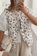 Casual Sweet Print Flowers Frenulum V Neck Tops