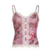y2k Floral Cropped Top Vintage Lace Stitching Sleeveless Skinny Strap Tops Women Retro Camisole Streetwear Tees Aesthetic