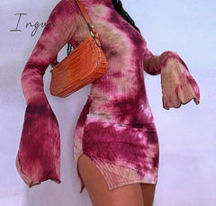 Ingvn - Tie Dye Mock Neck Bodycon Dresses For Women Side Split Ribbed Long Sleeve Clubwear Midnight Outfit Party Mini Dress Hot