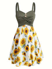 Charming Sunflower Print Patchwork Tank Dress - Vintage Button Crisscross Front - Effortlessly Stylish Sleeveless Womens Casual Wear