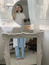 Ingvn - autumn new show cold dark white blue floral penal legs pants tattoo flower female