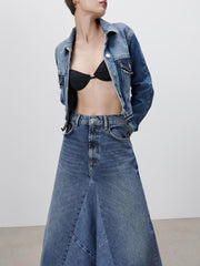 Voguable denim skirt spring new women's clothing Versatile fashion high waist contrast color patchwork casual denim skirt series