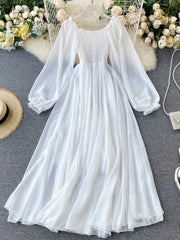 Ingvn - Womens Fashion New Spring Autumn Women Elegant Holiday Dresses Puff Sleeve Slash Neck Off Shoulder Smocked White Chiffon Dresses