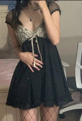 Ingvn - Summer Outfits Hot Sell Patchwork Lace Cute Y2K Chiffon Dresses Women Square Collar Elegant Grunge Fairycore Clothes Ruffles Short A Line Dress