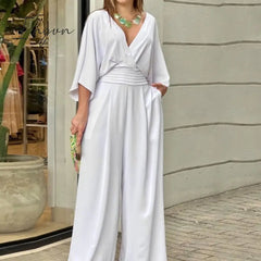 Ingvn - Women Jumpsuit Summer Short Bat Sleeve V Neck Backless Nipped Waist Loose Wide Legs Casual Pants Romper High Streetwear