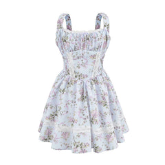 Floral Print Tank Mini Dress Women Lace Spliced O Neck Sleeveless A-line Holiday Casual Summer Dresses Party Robe
