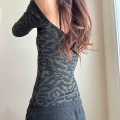 Leopard Print Black T Shirt Women Lace Patchwork Full Sleeve Tee y2k Chic Off-shoulder Cropped Top Vintage 2000s Clothing