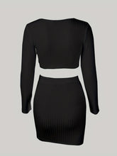 Two-piece Set, Long Sleeve V Neck Crop Tops & Bag Hip Skirts Outfits, Solid Sexy Women's Clothing