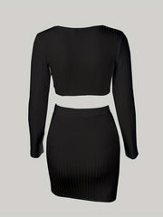 Two-piece Set, Long Sleeve V Neck Crop Tops & Bag Hip Skirts Outfits, Solid Sexy Women's Clothing