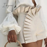 Ingvn - Women's Bottom Ruffle Hem Shorts Pleated High Waist Solid 2023 New Fashion Pant Elegant Summer Casual Female Clothing Outfits