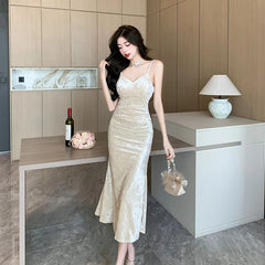 Elegant Gown Evening Party Velvet Midi Dresses for Women Autumn New Sexy V-neck Sleeveless Vintage Slip Mermaid Female Clothing